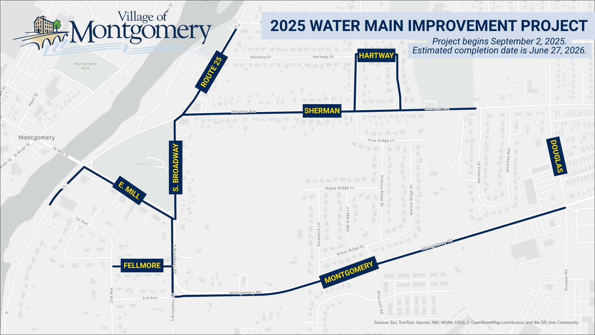 Map of Water Main Project Fall 2025 to Spring 2026 Contract A